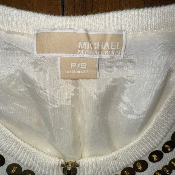 Michael Kors Cardigan Sweater Gold Sequin Cream Cotton Lined Zip Front S / P - Picture 6 of 11